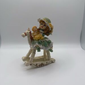 Enesco Laura’s Attic very Rare Vintage Figurine with Girl on Rocking Horse Green